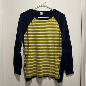 J. Crew Navy Green and White Stripped Sweater. Size M with Elbow Pads